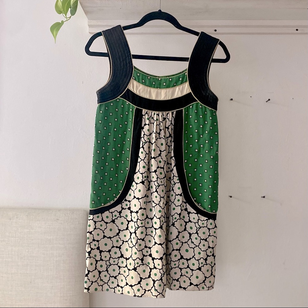 Vintage Tsumori Chisato Silk Green White Black Gold Mini Dress (RARE) - 2